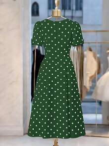 GlowEve CURVE Große Größen Retro elegantes Polka Dot Muster Puffärmel Luxusgefühl Kleid - Grün - Übersicht 2