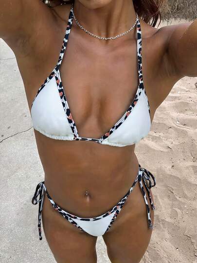  Swim Mod New Arrival Women's Elegant Y2K Sexy Minimalist 2 Piece Solid White Bikini Set - Triangle Halter Top With Leopard Print Contrast Binding & Tie Side Cheeky Bottom - Smooth Stretch Lightweight Breathable Quick Drying Fabric - Flattering Adjustable Straps, Wild Beachy Vibe - Perfect Swimwear For Summer Beach Vacation, Pool Party Music Festival Weddings, Spring Holiday Break Outfit Resort Wear, Tropical Getaway