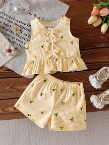 SHEIN Baby Girl Bow Decor Plaid Ruffle Hem Vest And Shorts Cute Set - Yellow - View 3