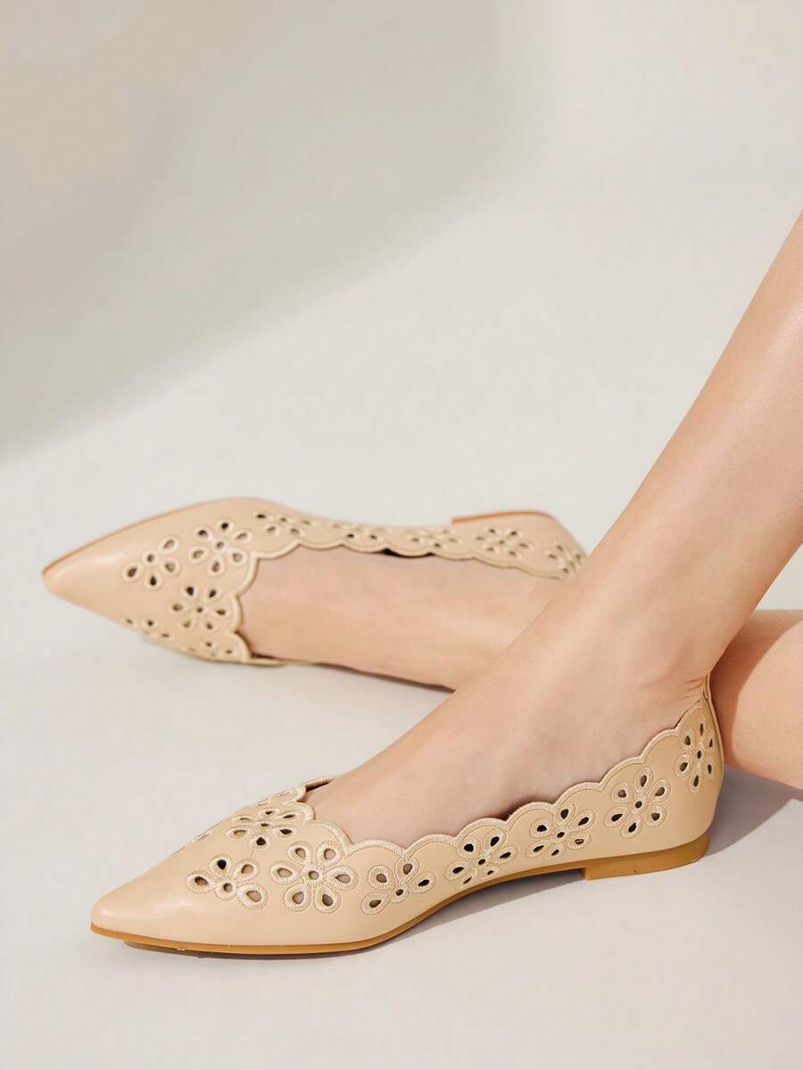 CUCCOO CHICEST Sapatos Femininos de Bico Fino com Sola Plana, Bordado de Flor Cor de Damasco, Sapatos Femininos de Sola Plana Elegantes e Fashionistas, Essenciais Confortáveis para Férias - Damasco 1 - Visão 1