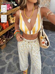 Selianne Ensemble deux pièces rayé jaune et blanc - Débardeur et pantalon imprimé citron, vibrant de dopamine pour les vacances à la plage/tenue décontractée (printemps et été) - Multicolore - Voir 1
