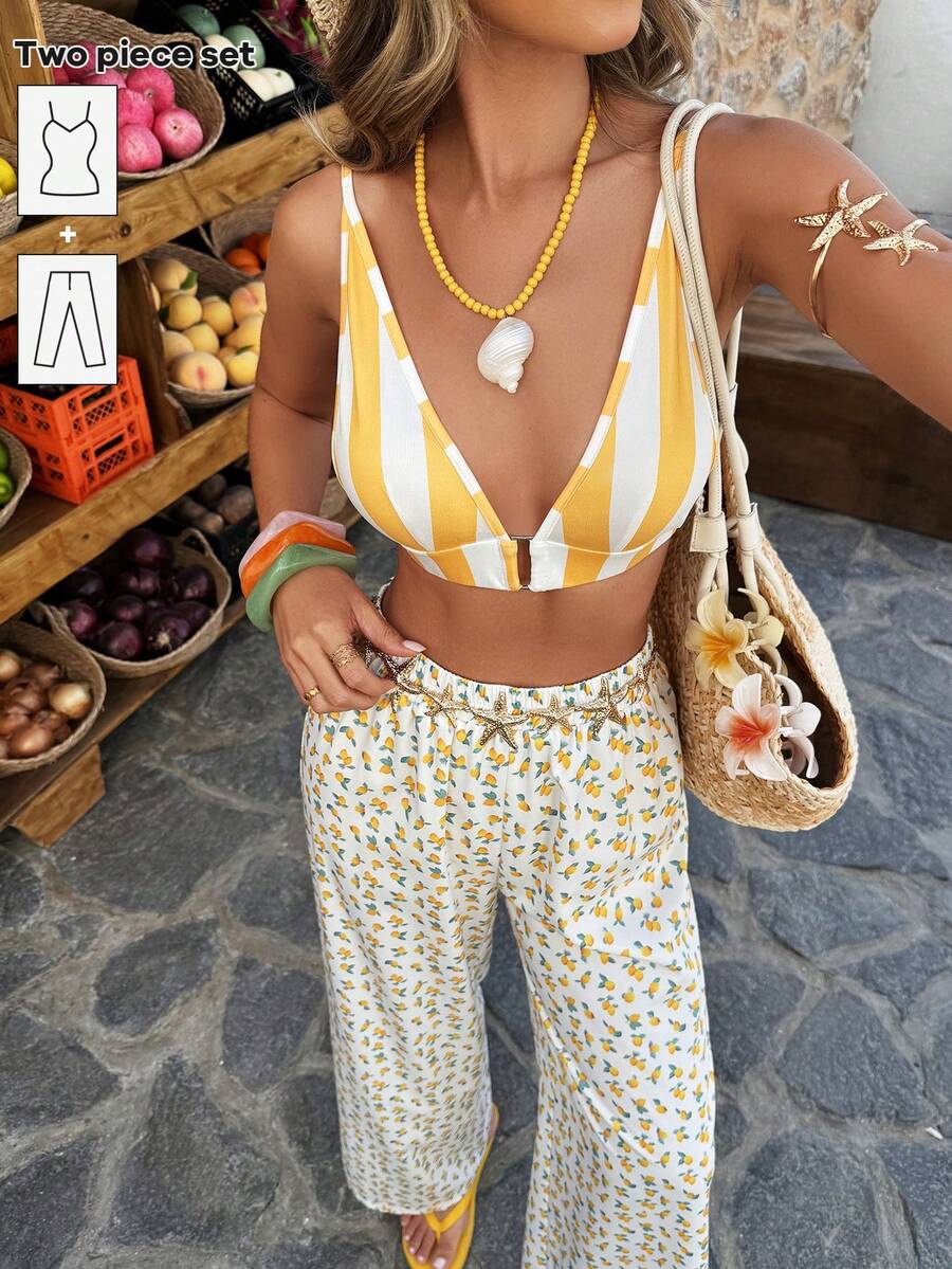 Selianne Ensemble deux pièces rayé jaune et blanc - Débardeur et pantalon imprimé citron, vibrant de dopamine pour les vacances à la plage/tenue décontractée (printemps et été) - Multicolore - Voir 1