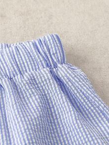 GlowEve CURVE Plus Size Women's Light Blue Striped 2 Pieces Set,Cute Summer Picnic Sleeveless Square Neck Lace Trim Blouse & Loose Cooling Shorts Casual Outfits - Blue - View 3