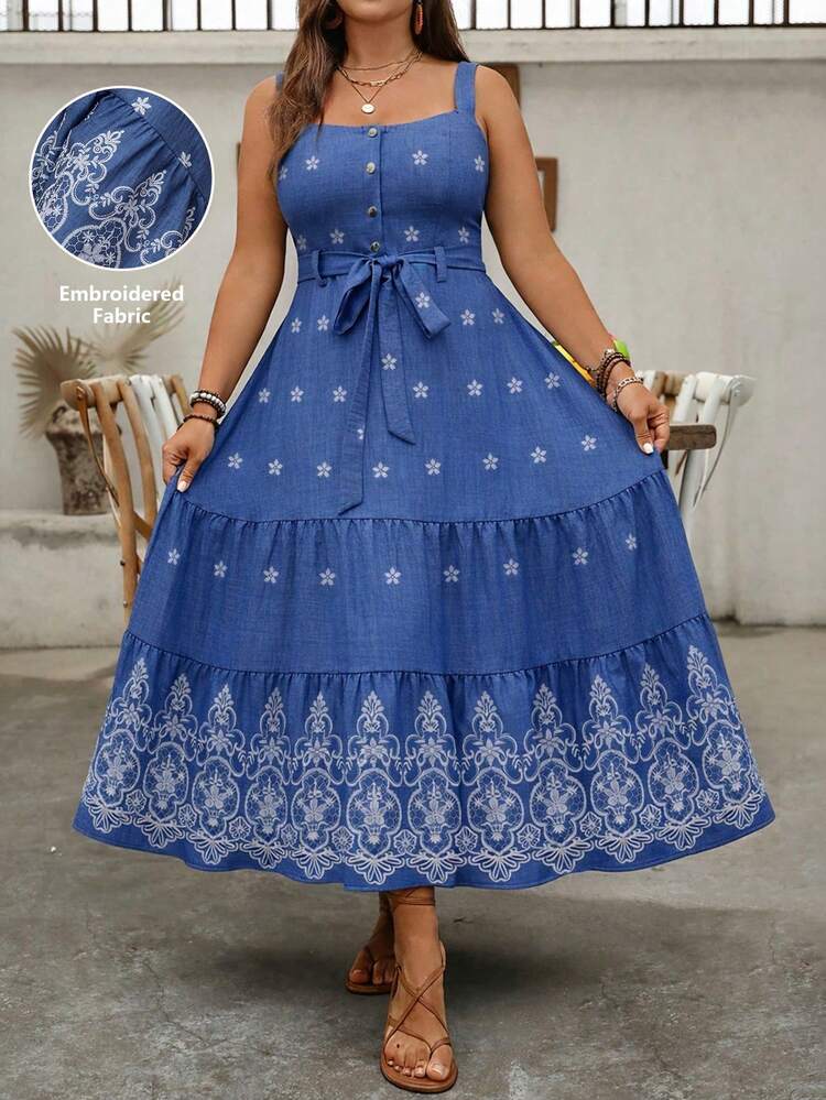 EMERY ROSE Plus Size Spaghetti Strap Waist Tie Embroidered Dress For Women  Embroidered Blue Dress Gown Blue Sun Dress Blue Summer Dress Women Blue  Sundresses For Women | SHEIN EUR