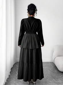 SHEIN Elenzya Plus Size V-Neck Button Waist Cinched Long Sleeve Mesh Layered Dress For Women Work Outfits Set Modest Outfits For Women - Black - View 2