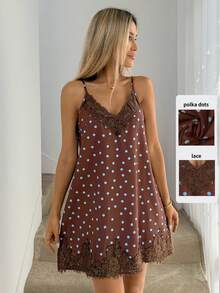Easowa Đầm slip ngắn phối ren chấm bi màu nâu cho nữ, thích hợp cho phong cách lãng mạn cổ điển, hẹn hò lãng mạn ngày Valentine, kỳ nghỉ lãng mạn, mặc hàng ngày, họa tiết chấm bi thời trang, mùa xuân/hè. - Nhiều màu - Xem 7