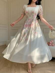 Modelyn 女士方领印花收腰连衣裙，饰有3D立体花卉图案 - 彩色 - 查看 4
