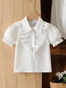 Áo kiểu tay ngắn màu trơn, viền bèo nhún dễ thương cho bé gái, thích hợp cho đi chơi hàng ngày, đi học, dự tiệc, chụp ảnh và phối đồ thường ngày, mùa hè. - trắng - Xem 5