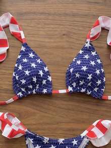 Swim Mod 热门女童夏季比基尼两件套，国旗印花荷叶边装饰，女士度假套装 - 彩色 - 查看 4