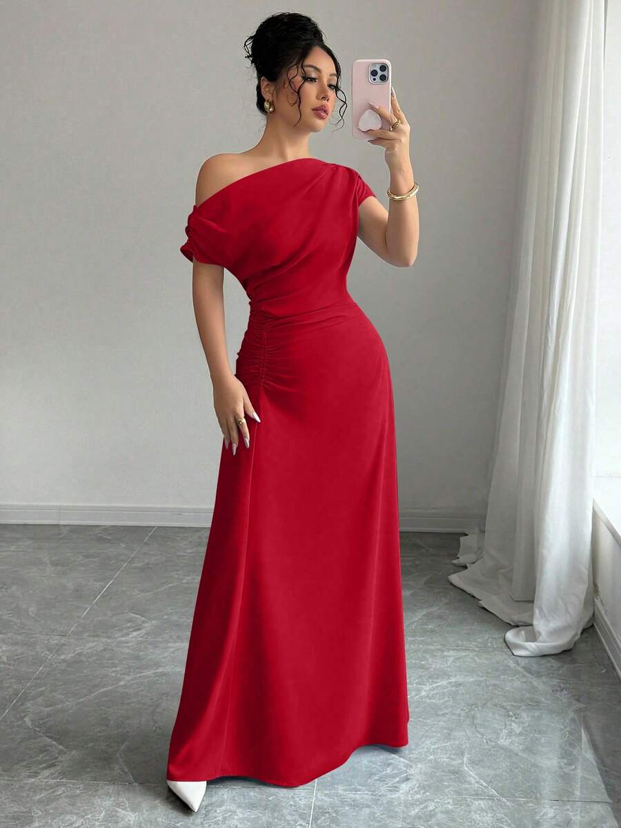 Elenzga Women's Solid Color Ruched Asymmetric Waist Elegant Long Dress For Party - Red - View 1
