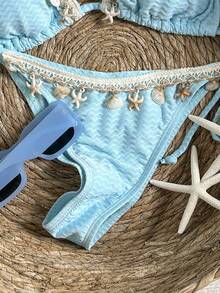 Swim Vcay 女士度假拼布编织肩带贝壳装饰纹理面料系带比基尼套装 - 藍色 - 查看 5