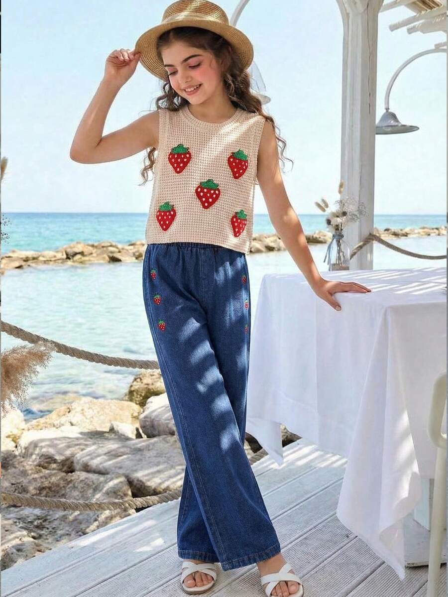 2pcs/Set Tween GirlsKnitted Strawberry Top & Embroidered Denim Pants, Suitable For Summer Wear - Beige - View 1
