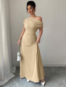 Elenzga Asymmetric Shoulder + Ruched Waist Dress - Apricot - View 4