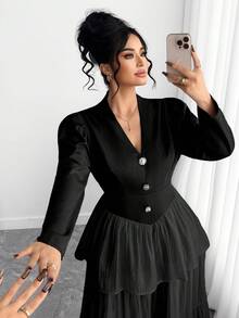 SHEIN Elenzya Plus Size V-Neck Button Waist Cinched Long Sleeve Mesh Layered Dress For Women Work Outfits Set Modest Outfits For Women - Black - View 3