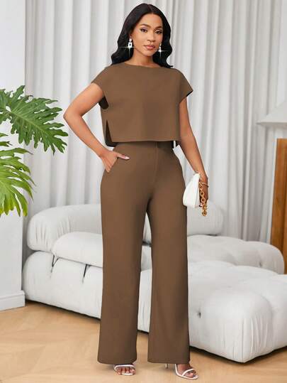 Lunelith SHEIN Lunessa 法式圆领短袖休闲上衣和高腰阔腿裤两件套女装