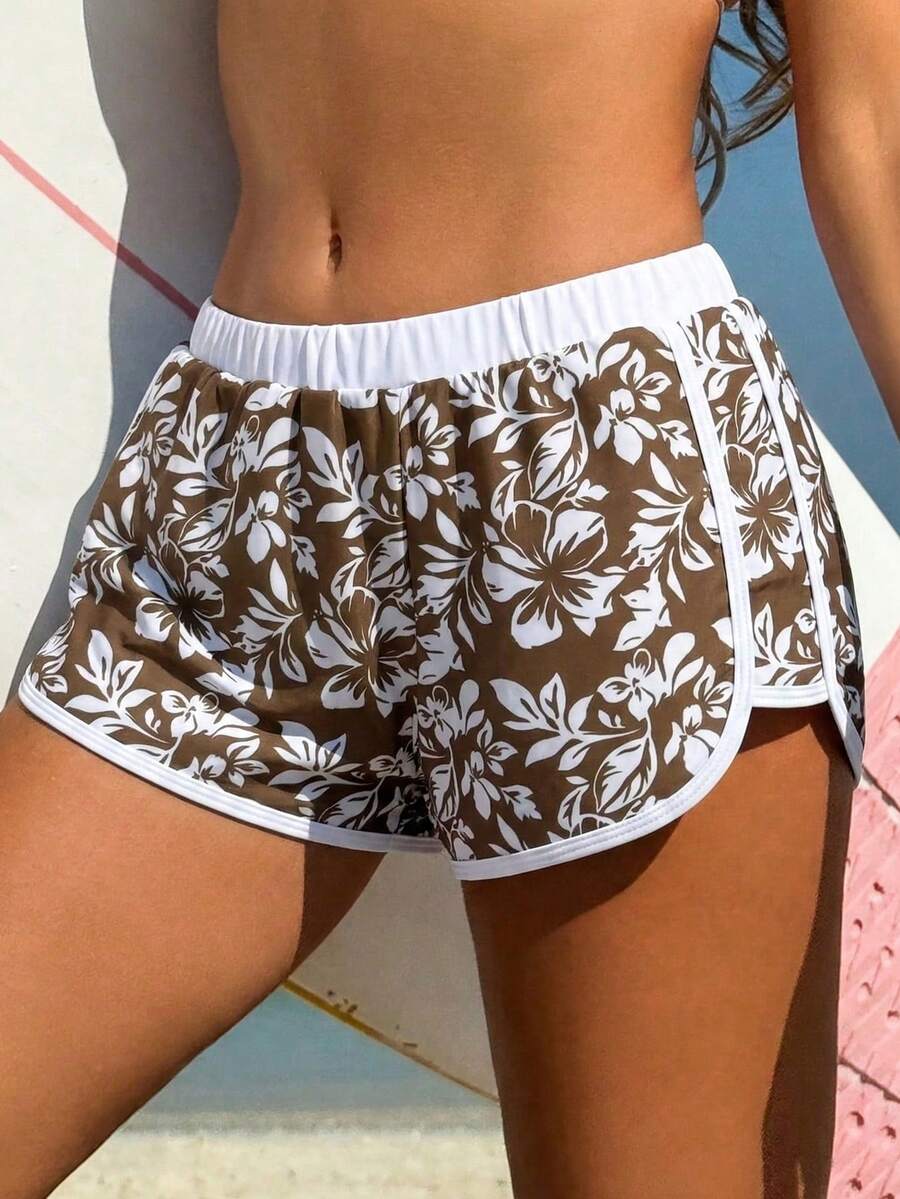 SHEIN Swim Vcay 休闲百搭成熟运动度假随机热带植物芙蓉花卉轮廓印花撞色女式沙滩短裤 - 彩色 - 查看 1