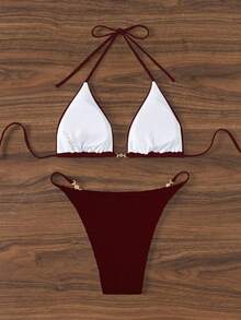 Nevyona 女士海滩度假系带红色比基尼套装 - 酒紅色 - 查看 2