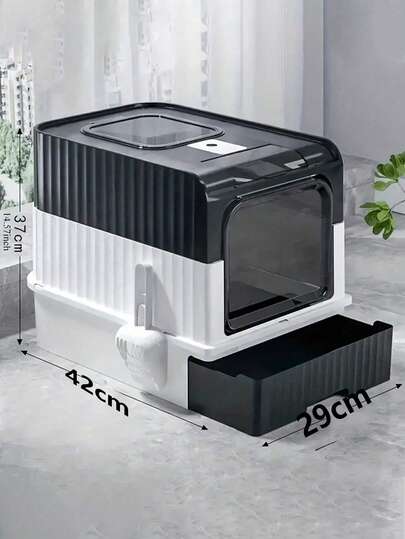 大型猫砂盆（带抽屉和铲子） - 采用双通道设计，有效防止异味和溅洒，加厚PP材质，适合大型猫咪和多猫家庭。易于清洁，时尚的黑灰色配色是送给爱猫人士的理想礼物。