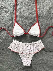 Swim Mod 女士复古红白波点印花比基尼套装，撞色滚边性感超短三角比基尼上衣和超短裙，时尚休闲度假甜美复古性感泳装 - 紅白色 - 查看 3