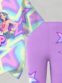 两件套休闲可爱紫色女童套装，包含短袖T恤和紧身打底裤，紫色打底裤饰有彩色星星印花，适合4-7岁女孩春夏穿着。活力四射的紫色星星女童数码印花T恤，不仅穿着舒适，而且柔软亲肤，简约时尚，让孩子们在春夏成为焦点。 - 彩色 - 查看 6
