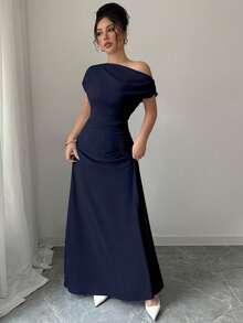 Elenzga Asymmetric Shoulder + Ruched Waist Extra Long Dress - Navy Blue - View 3