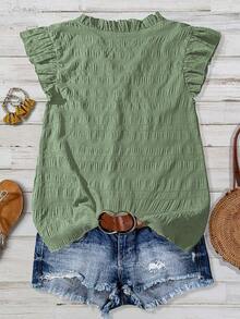 Linhara Plus Size Women's Solid Color Textured V-Neck Ruffle Trim Petal Sleeve Fitted Casual Regular Blouse - Green - View 2