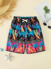 青少年男童休闲简约卡通游戏机图案宽松泳衣，适合夏季穿着 - 彩色 - 查看 1