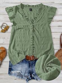 Linhara Plus Size Women's Solid Color Textured V-Neck Ruffle Trim Petal Sleeve Fitted Casual Regular Blouse - Green - View 1
