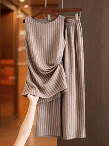 GlowEve CURVE 女士加大码简约卡其条纹无袖圆领褶皱上衣+松紧腰阔腿裤通勤休闲日常舒适复古时尚百搭两件套，春夏新品 - 彩色 - 查看 4