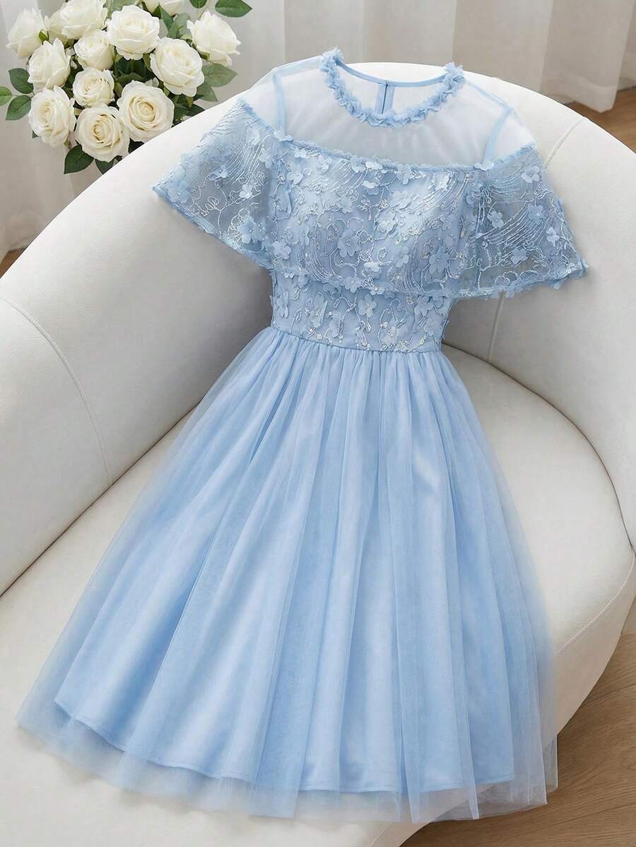 Modelyn 女士法式优雅蓝色3D立体花卉网纱披肩袖收腰连衣裙