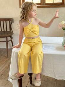 Emery Rose Kids Emery Rose Kids Bộ 2 món đồ cho bé gái: áo không tay và quần legging màu trơn dệt kim, trang trí nơ, kiểu dáng thường ngày. - Màu vàng - Xem 5
