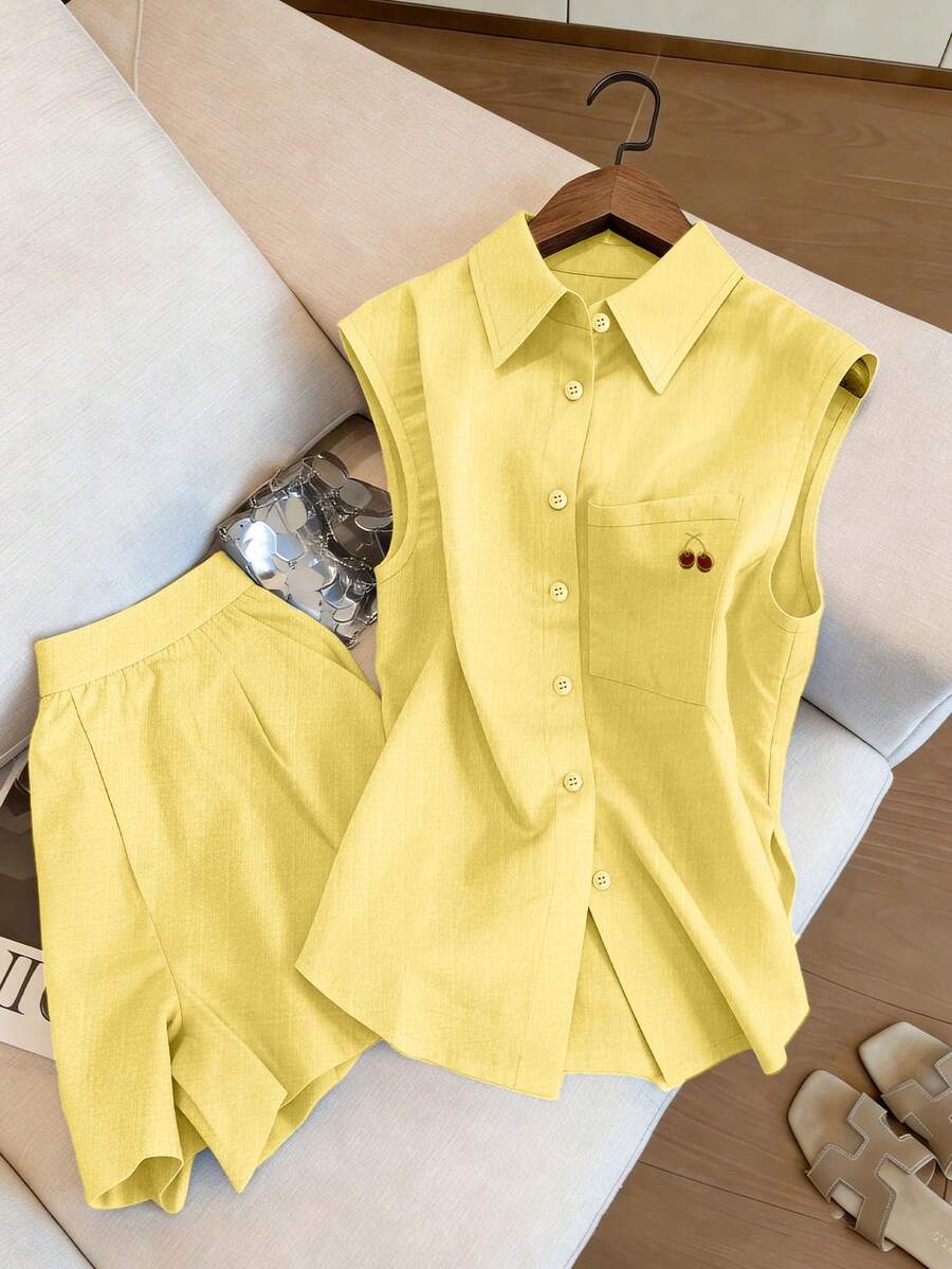 Airaco Women's Summer Casual Sleeveless Top And Shorts 2 Pieces Set - Light Yellow - View 1