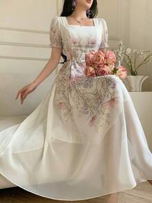 Modelyn 女士方领印花收腰连衣裙，饰有3D立体花卉图案 - 彩色 - 查看 5
