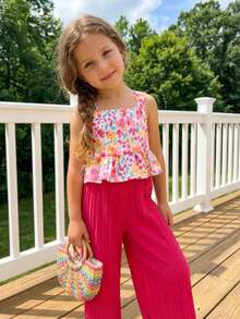 SHEIN 女童夏季休闲碎花荷叶边上衣和褶裥阔腿裤套装 - 彩色 - 查看 1