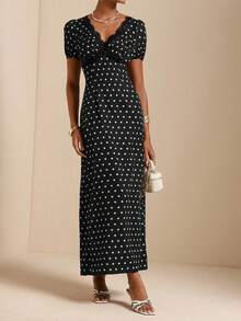 SHEIN Veneréa Women's Polka Dot Print Lace Trim French Style Vacation Dress - Black - View 5