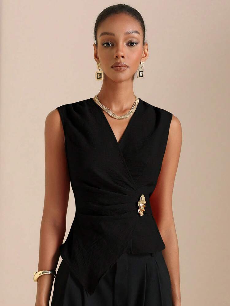 SHEIN Veneréa Camisa sin mangas de mujer con hebilla metálica de atar - Negro - Ver 6