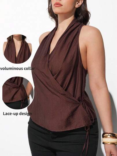 Maija Plus Size 2026 Spring New Crossed Collar Wrap Blouse, Brown Top, Casual Versatile Retro Style Women's Clothing, Romantic, Fashionable, Versatile; Comfortable, Fashionable, Elegant, Casual, Simple Daily Essential, Solid Color, Holiday Leisure, Appropriate, Single Lady, Elegant And Fashionable Business Casual Women's Outerwear Top, Business Casual Women's Clothing Silhouette  St Patrick's Day Women Easter Summer Outfits Easter Dress Women Party Top Beach Dress Summer Holiday Outfits Each Vacation Outfits For Women  Summer Outfit For Women Going Out Outfits Graduation Graduation Outfit  Casual Dresses  Casual Blouses For Women Dark Brown Top Wrap Tops For Women Brown Tops For Women Lace-Up Design Top Voluminous Collar Top