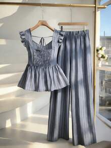 GlowEve CURVE Plus Size Women's Blue And White Linen Striped 2 Pieces Set,Cinched Waist Flutter Sleeve Blouse&Straight Leg Pants,Summer Vacation Smart Casual Co Ords - Blue and White - View 2