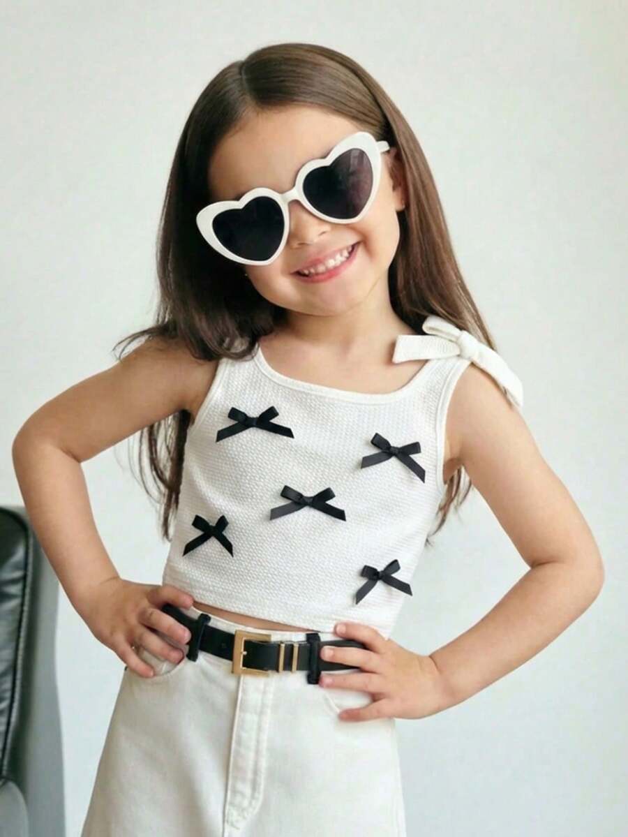 SHEIN Young Girl Knitted Crew Neck Casual Tank Top - White - View 1