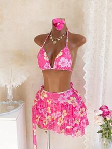 Bellisia 三件套夏季度假印花露背比基尼上衣、系带比基尼下装和蛋糕裙罩衫泳衣套装 - 彩色 - 查看 5