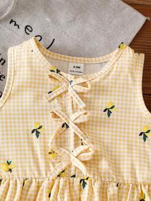 SHEIN Baby Girl Bow Decor Plaid Ruffle Hem Vest And Shorts Cute Set - Yellow - View 5