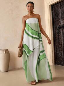 Vesra 不对称下摆叠层撞色连衣裙 女士连衣裙 夏季邮轮无肩带夏季连衣裙 围巾连衣裙 度假装 女士绿白连衣裙 女士奢华连衣裙 女士无肩带长款连衣裙 飘逸沙滩裙 女士夏季套装 沙滩装 女士度假装 - 彩色 - 查看 7