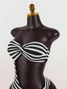SaltGleam SaltGleam Fashionable Sexy Striped Twist Hollow Out Bandeau Bodysuit - Black and White - View 4
