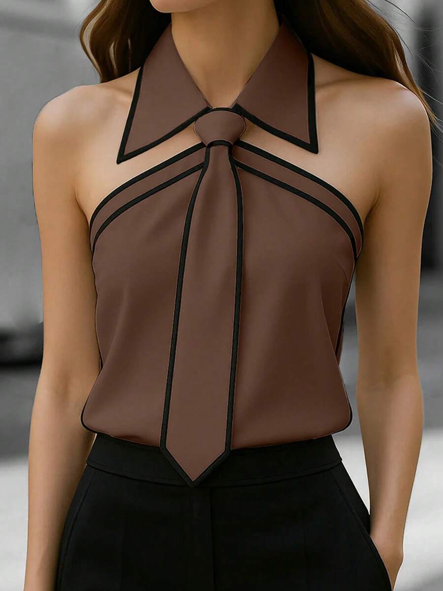 Easura Plus Size Women's Spring/Summer Sleeveless Black & White Contrast Tie Collar Elegant Commuter Shirt - Brown - View 1