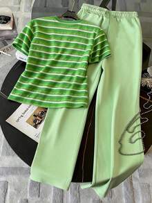 Resyla Striped Digital Print Minimalist Round Neck T-Shirt Set, A Gift For Friends - Mint Green - View 2
