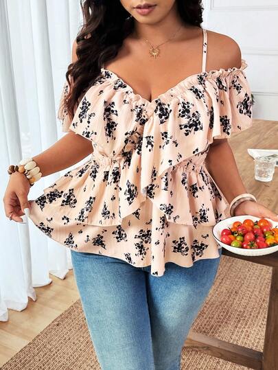 GlowEve CURVE Blusa de tirantes con estampado floral romántico y volantes para mujer talla grande