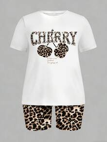 Slaydiva Casual Loose Leopard Print Cherry Pattern Round Neck Short Sleeve T-Shirt And Shorts Set, Suitable For Summer Music Festivals, Plus Size - Brown - View 4