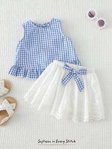 Cozy Pixies 女婴蓝白格子无袖荷叶领上衣和松紧腰半裙两件套 - 彩色 - 查看 5