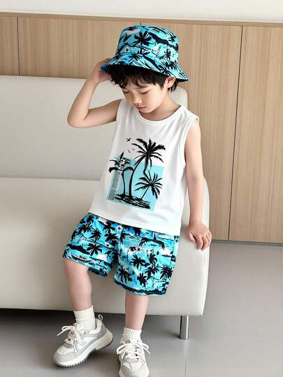 SHEIN Young Boys 3-Piece Summer Beach Set | Boys' Hawaiian Palm Tree Print White Sleeveless Tank Top + Tropical Palm Shorts + Matching Sun Hat | Beach Vacation Swimwear Cover-Up | Beach Play Outfit | 4-7 Years Old Outdoor Ensemble | Family Vacation Beach Shorts & Hat Set, Cool Summer Outfit