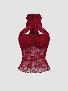 SHEIN Sweetro 新款春夏欧美性感可爱Y2K蕾丝修身浪漫吊带休闲/约会/度假酒红色女式背心 - 酒紅色 - 查看 1